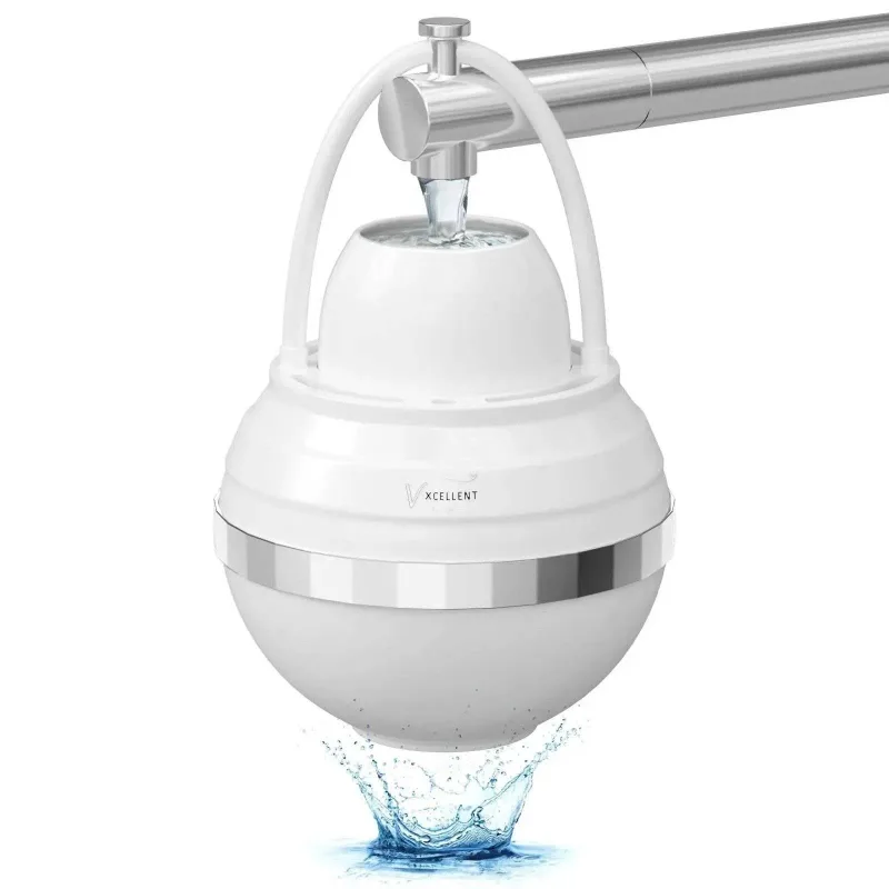 Vxcellent bath water filter unit hanging from a bathtub faucet with water flowing through it